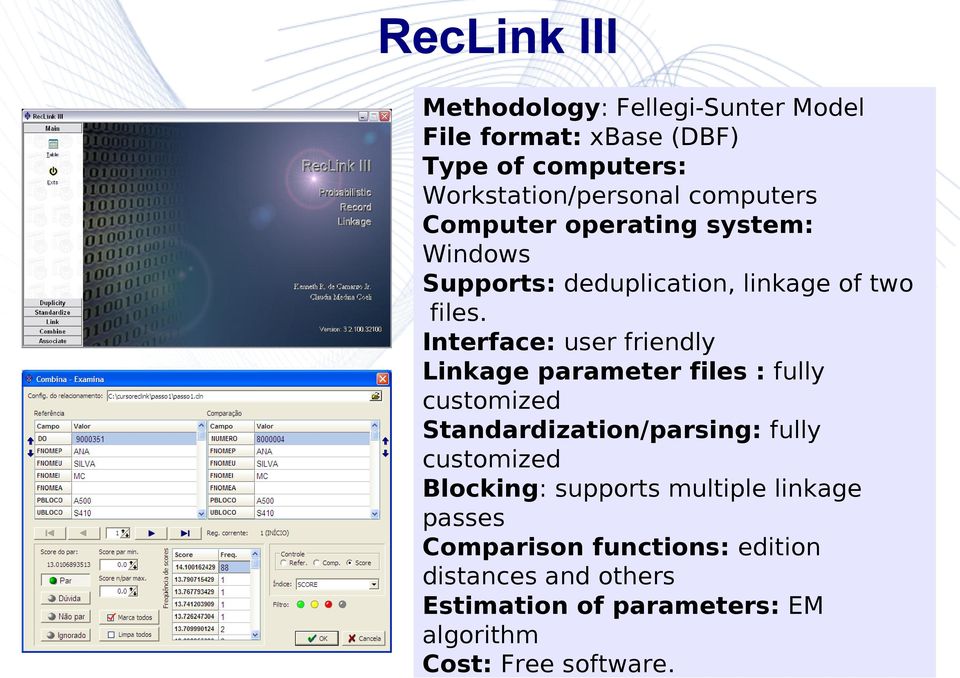 Interface: user friendly Linkage parameter files : fully customized Standardization/parsing: fully customized