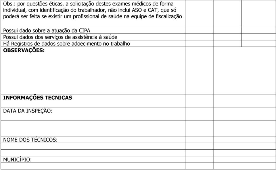 fiscalização Possui dado sobre a atuação da CIPA Possui dados dos serviços de assistência à saúde Há Registros