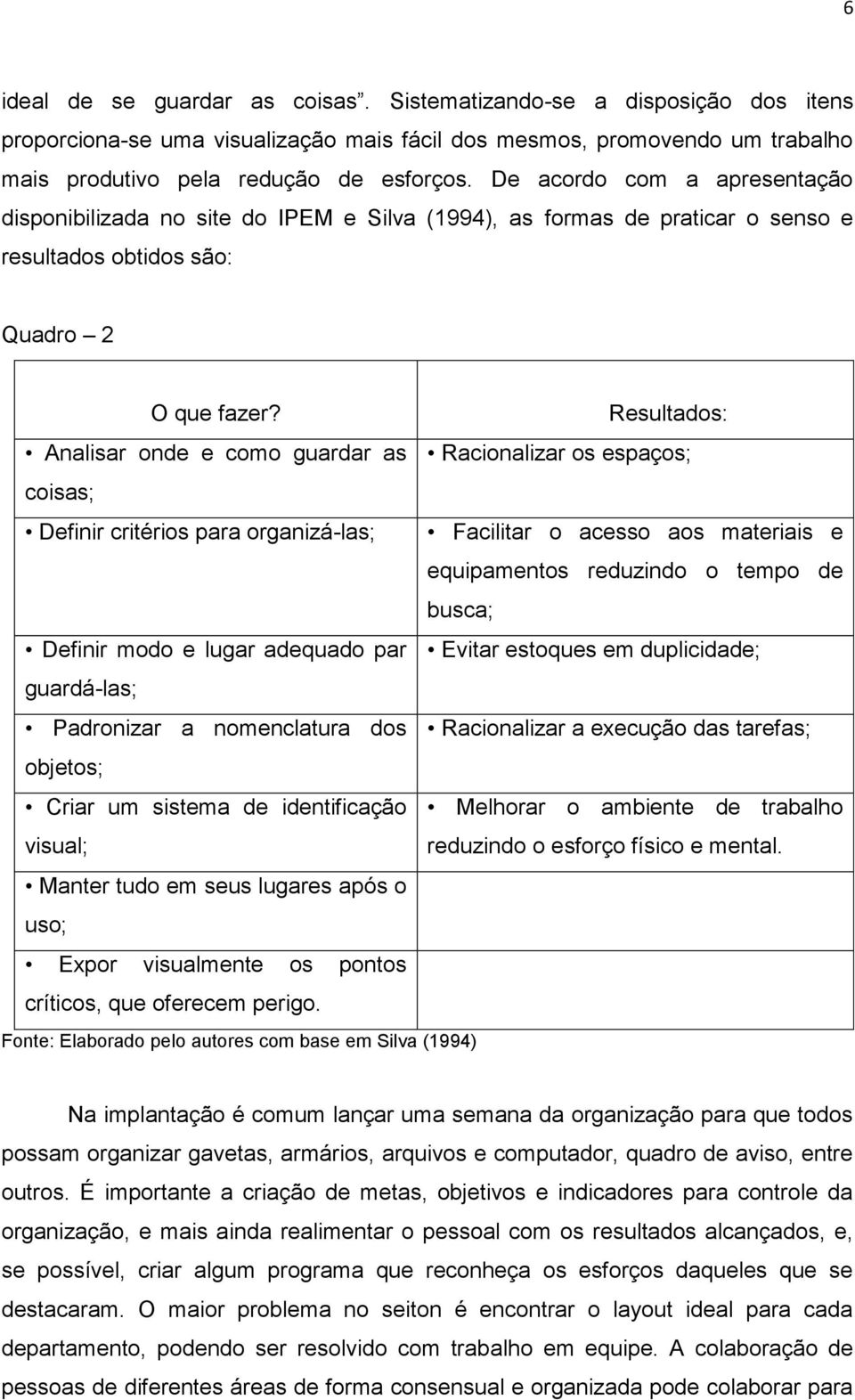 Resultados: Analisar onde e como guardar as Racionalizar os espaços; coisas; Definir critérios para organizá-las; Facilitar o acesso aos materiais e equipamentos reduzindo o tempo de busca; Definir