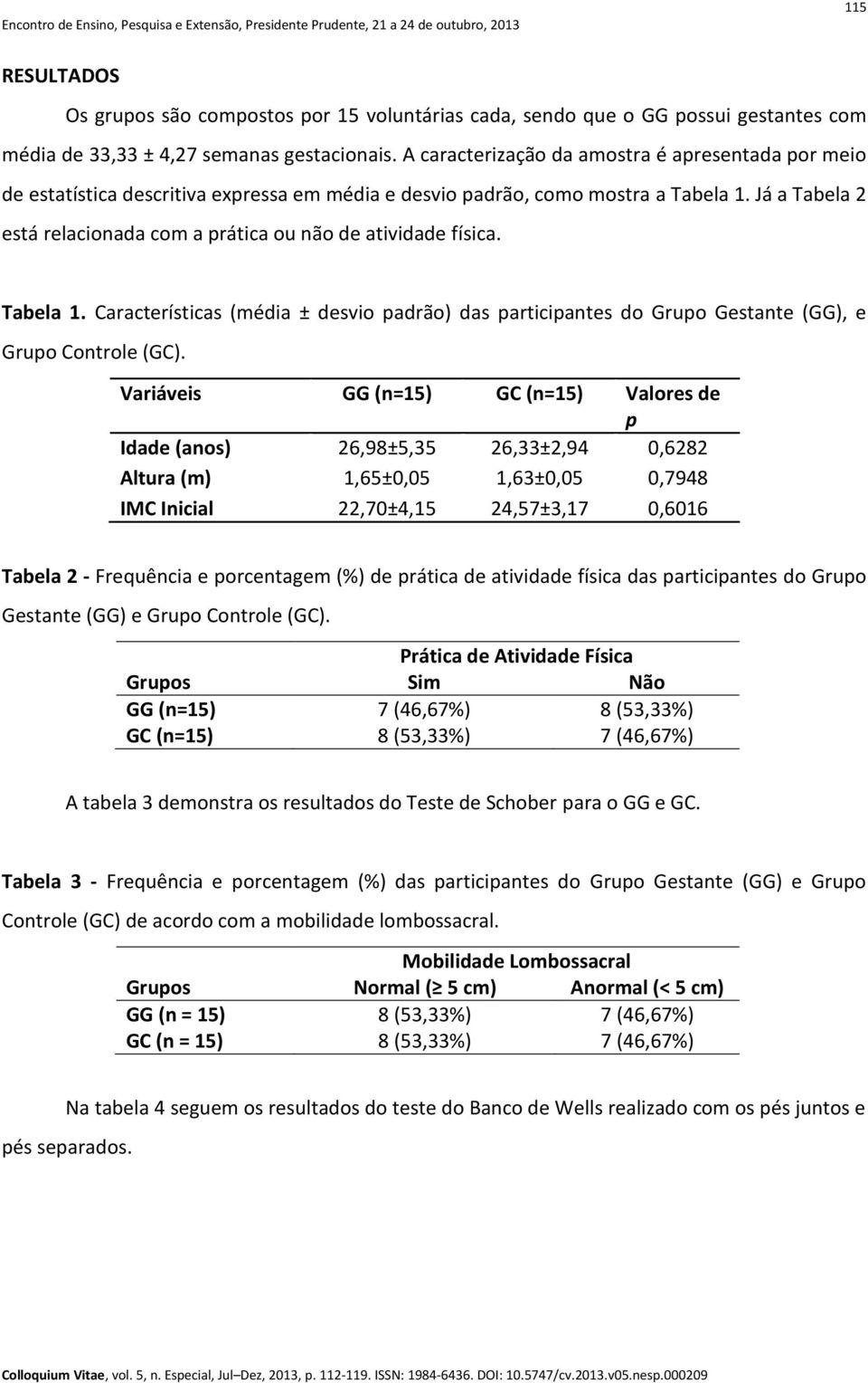 Já a Tabela 2 está relacionada com a prática ou não de atividade física. Tabela 1. Características (média ± desvio padrão) das participantes do Grupo Gestante (GG), e Grupo Controle (GC).