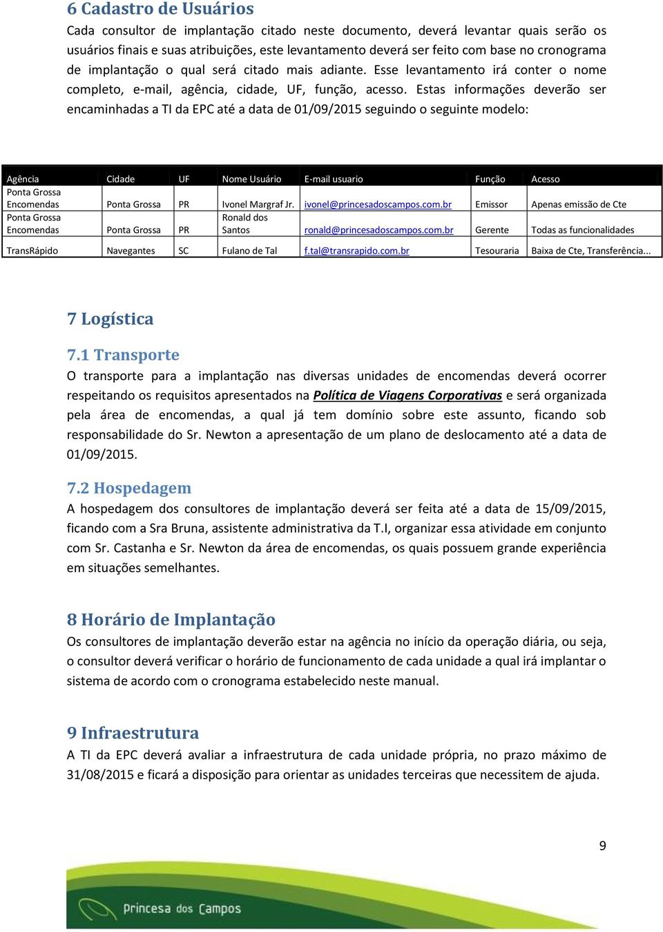 Estas informações deverão ser encaminhadas a TI da EPC até a data de 01/09/2015 seguindo o seguinte modelo: Agência Cidade UF Nome Usuário E-mail usuario Função Acesso Ponta Grossa Encomendas Ponta