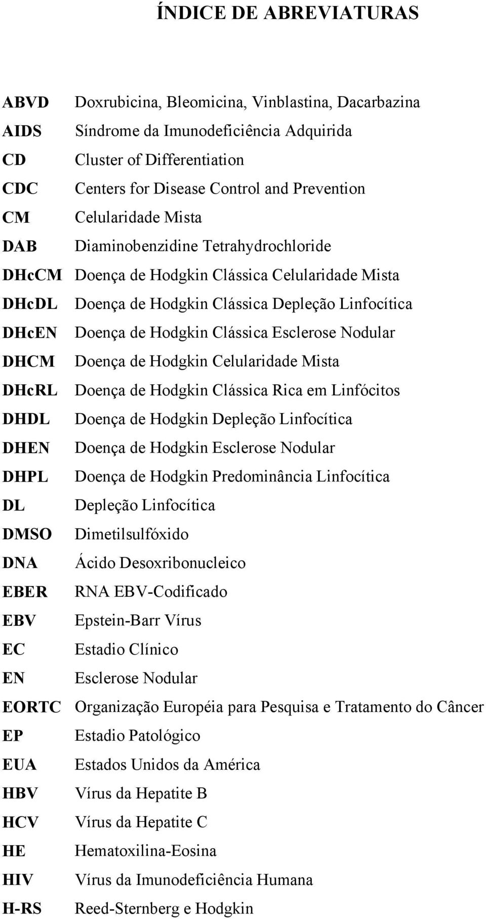 Clássica Esclerose Nodular DHCM Doença de Hodgkin Celularidade Mista DHcRL Doença de Hodgkin Clássica Rica em Linfócitos DHDL Doença de Hodgkin Depleção Linfocítica DHEN Doença de Hodgkin Esclerose