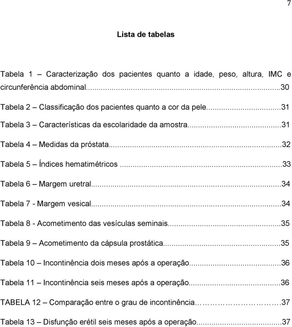 ..32 Tabela 5 Índices hematimétricos...33 Tabela 6 Margem uretral...34 Tabela 7 - Margem vesical...34 Tabela 8 - Acometimento das vesículas seminais.