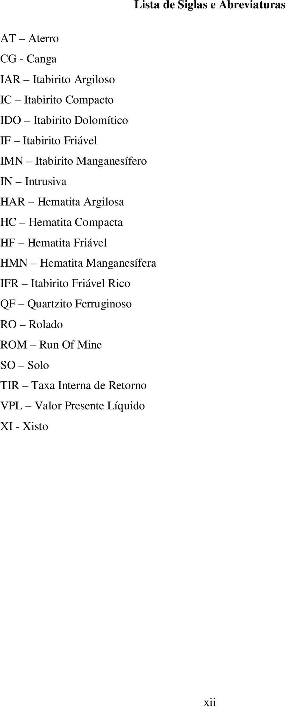 Hematita Compacta HF Hematita Friável HMN Hematita Manganesífera IFR Itabirito Friável Rico QF Quartzito