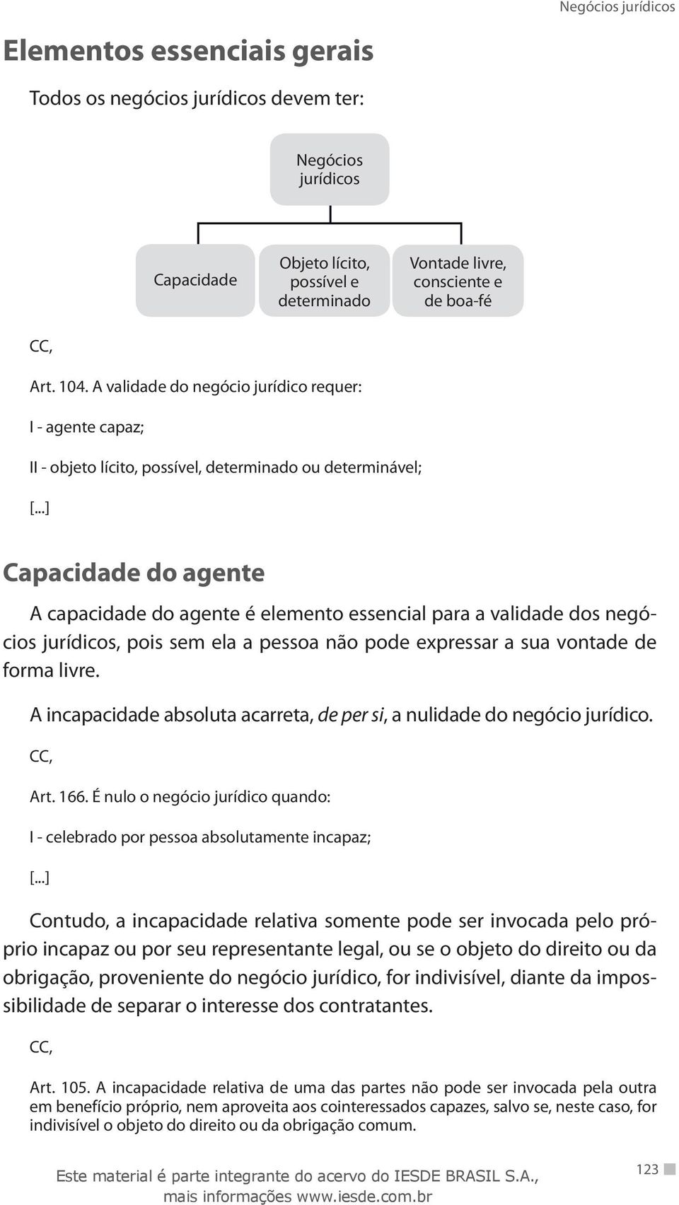 ..] Capacidade do agente A capacidade do agente é elemento essencial para a validade dos negócios jurídicos, pois sem ela a pessoa não pode expressar a sua vontade de forma livre.