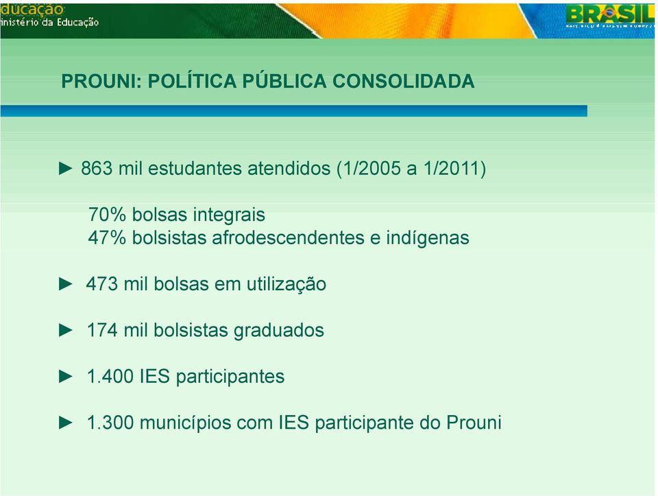 afrodescendentes e indígenas 473 mil bolsas em utilização 174 mil