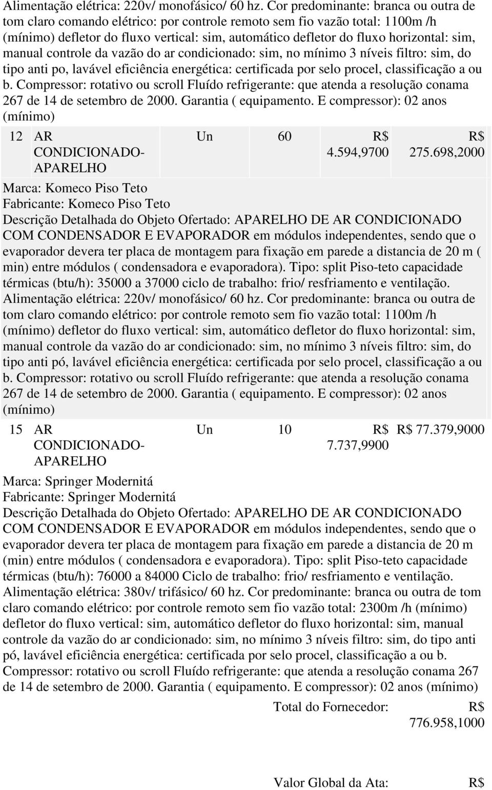 698,2000 Marca: Komeco Piso Teto Fabricante: Komeco Piso Teto Descrição Detalhada do Objeto Ofertado: DE AR CONDICIONADO min) entre módulos ( condensadora e evaporadora).