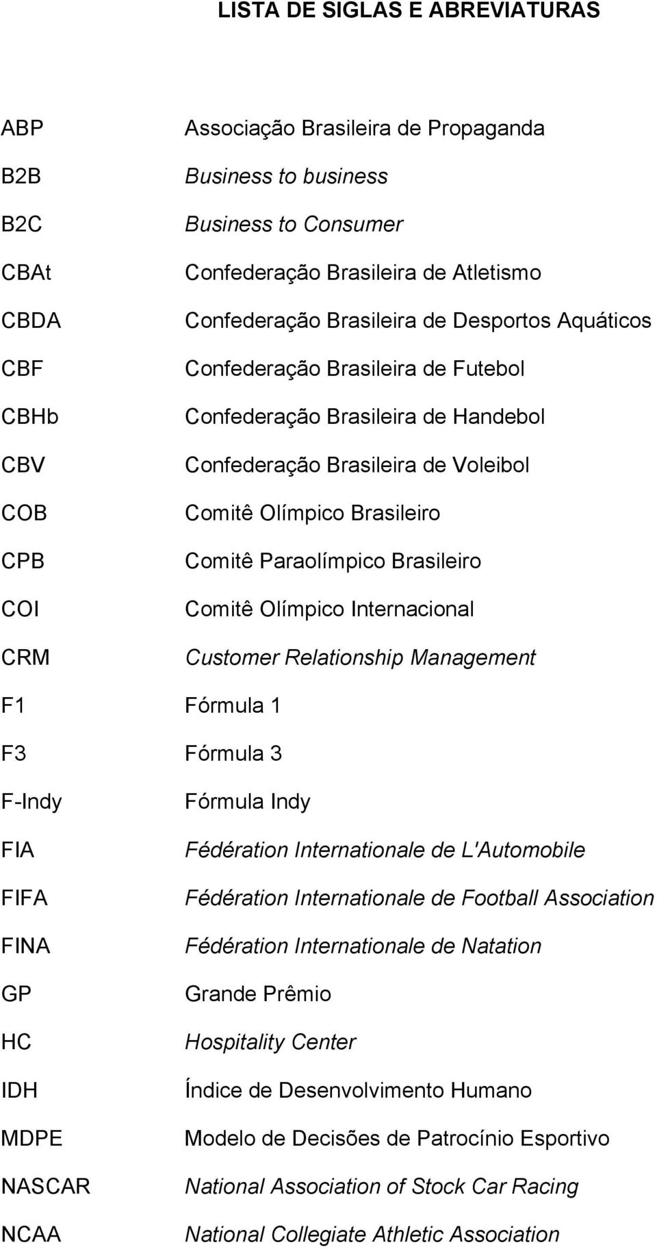 Paraolímpico Brasileiro Comitê Olímpico Internacional Customer Relationship Management F1 Fórmula 1 F3 Fórmula 3 F-Indy FIA FIFA FINA GP HC IDH MDPE NASCAR NCAA Fórmula Indy Fédération Internationale