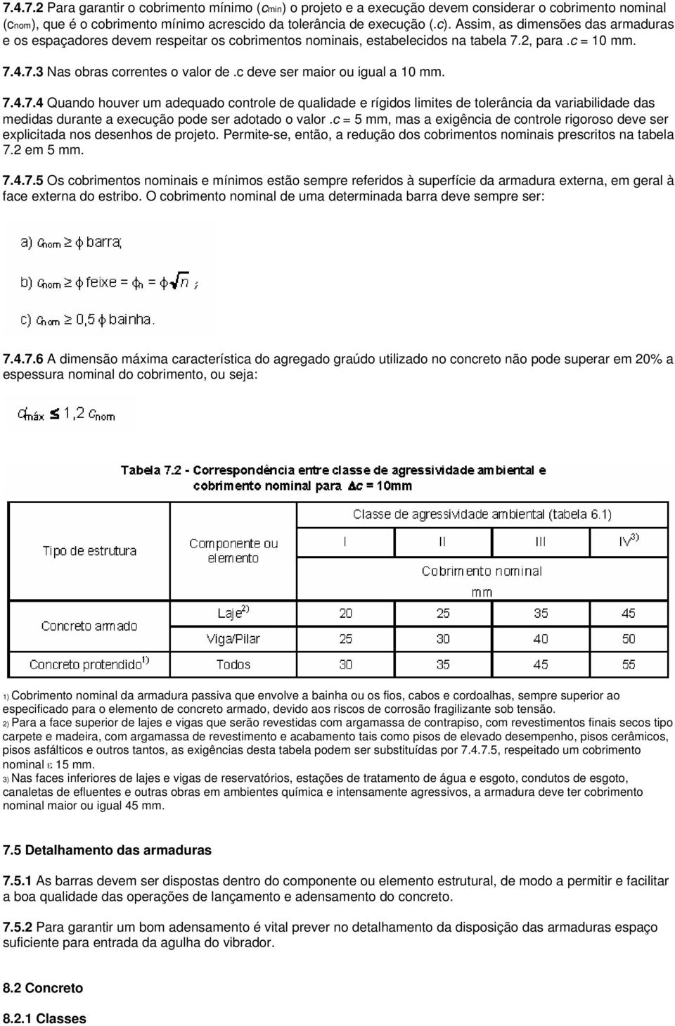 c deve ser maior ou igual a 10 mm. 7.4.7.4 Quando houver um adequado controle de qualidade e rígidos limites de tolerância da variabilidade das medidas durante a execução pode ser adotado o valor.