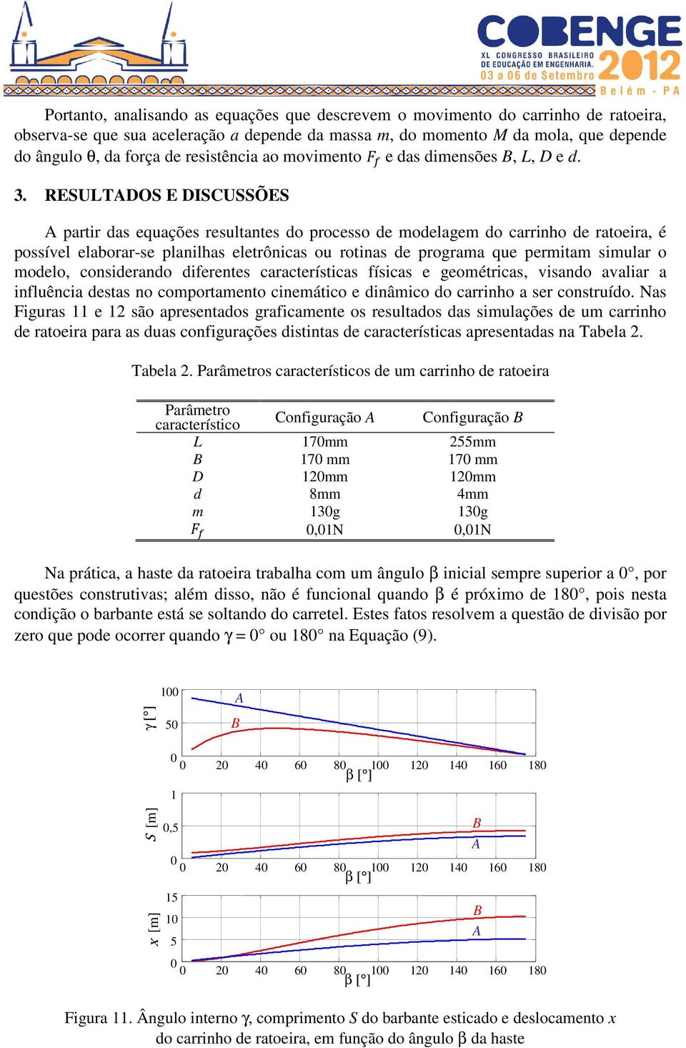 RESULTADOS E DISCUSSÕES A partir das equações resultantes do processo de modelagem do carrinho de ratoeira, é possível elaborar-se planilhas eletrônicas ou rotinas de programa que permitam simular o