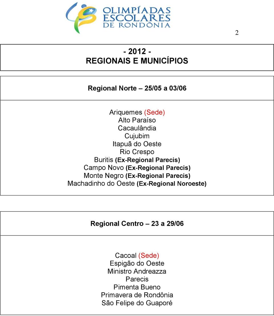 Negro (Ex-Regional Parecis) Machadinho do Oeste (Ex-Regional Noroeste) Regional Centro 23 a 29/06 Cacoal