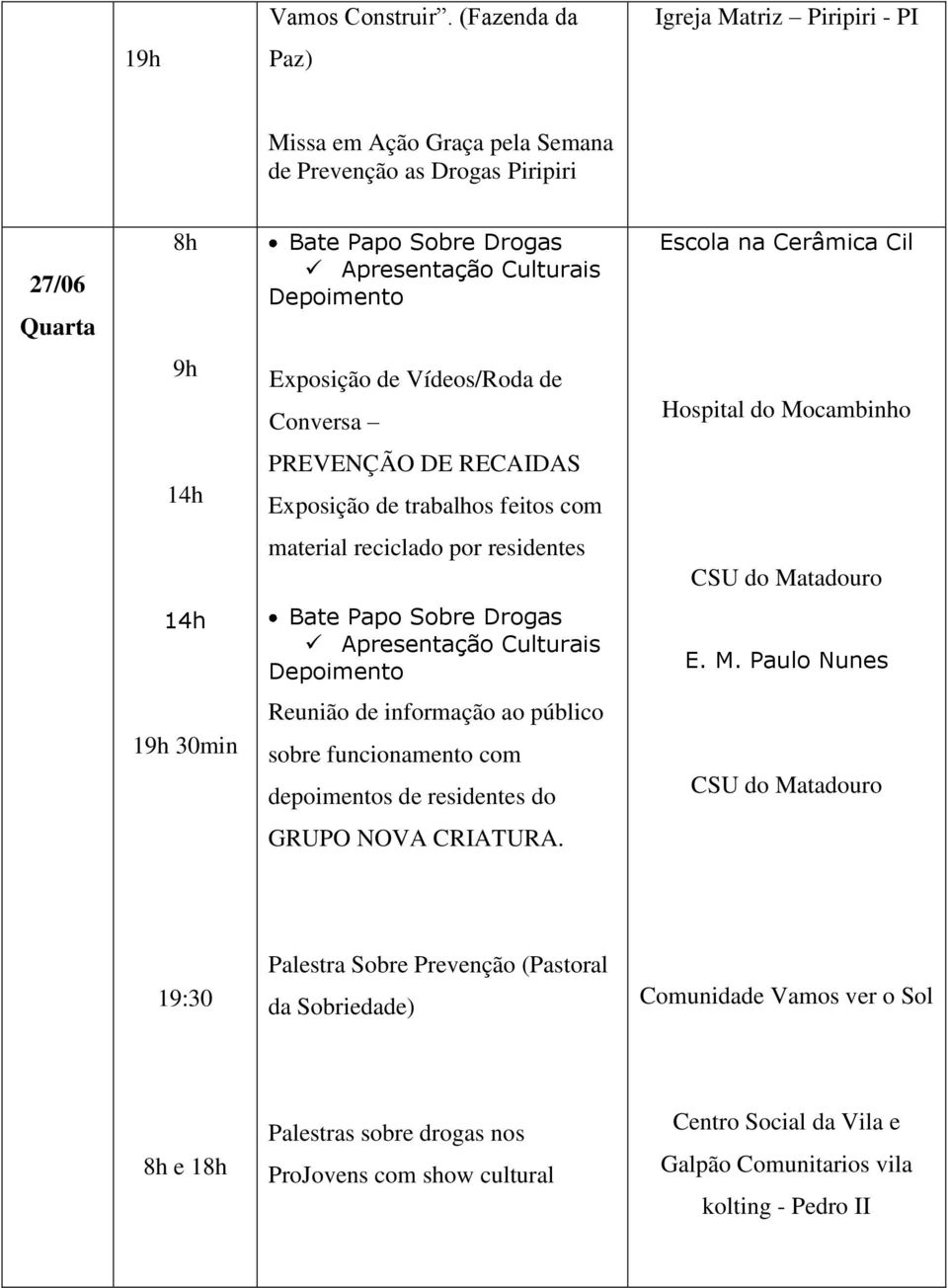 Vídeos/Roda de Conversa Hospital do Mocambinho PREVENÇÃO DE RECAIDAS Exposição de trabalhos feitos com material reciclado por residentes CSU do Matadouro Apresentação Culturais E. M. Paulo Nunes 1 30min Reunião de informação ao público sobre funcionamento com depoimentos de residentes do CSU do Matadouro GRUPO NOVA CRIATURA.