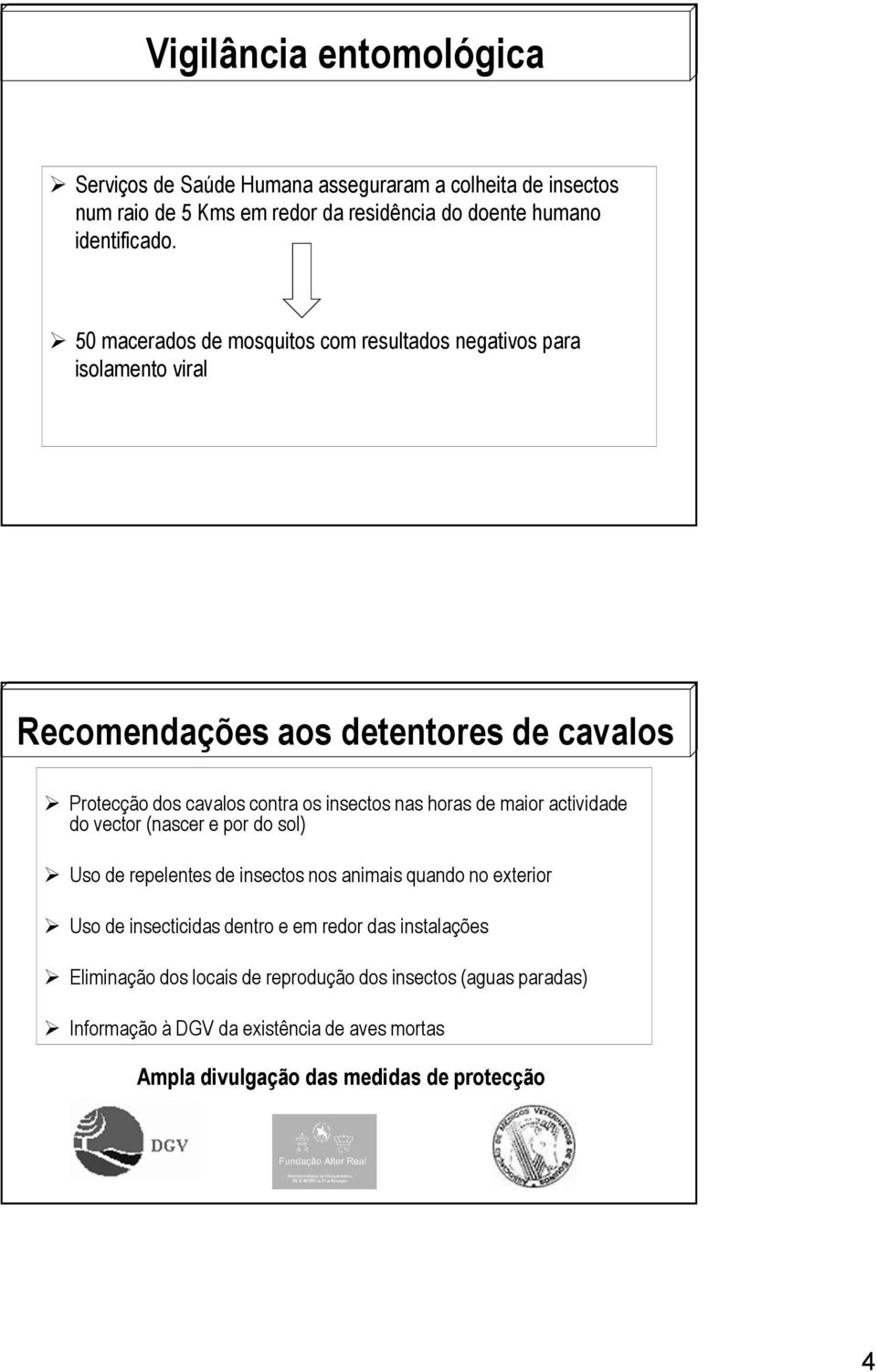 horas de maior actividade do vector (nascer e por do sol) Uso de repelentes de insectos nos animais quando no exterior Uso de insecticidas dentro e em redor das