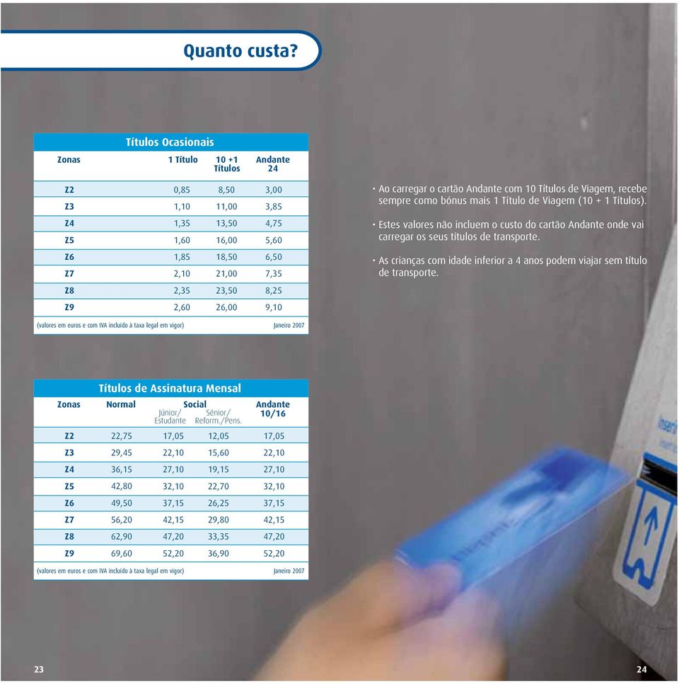 (10 + 1 Títulos). Z4 Z5 1,35 1,60 13,50 16,00 4,75 5,60 Estes valores não incluem o custo do cartão Andante onde vai carregar os seus títulos de transporte.