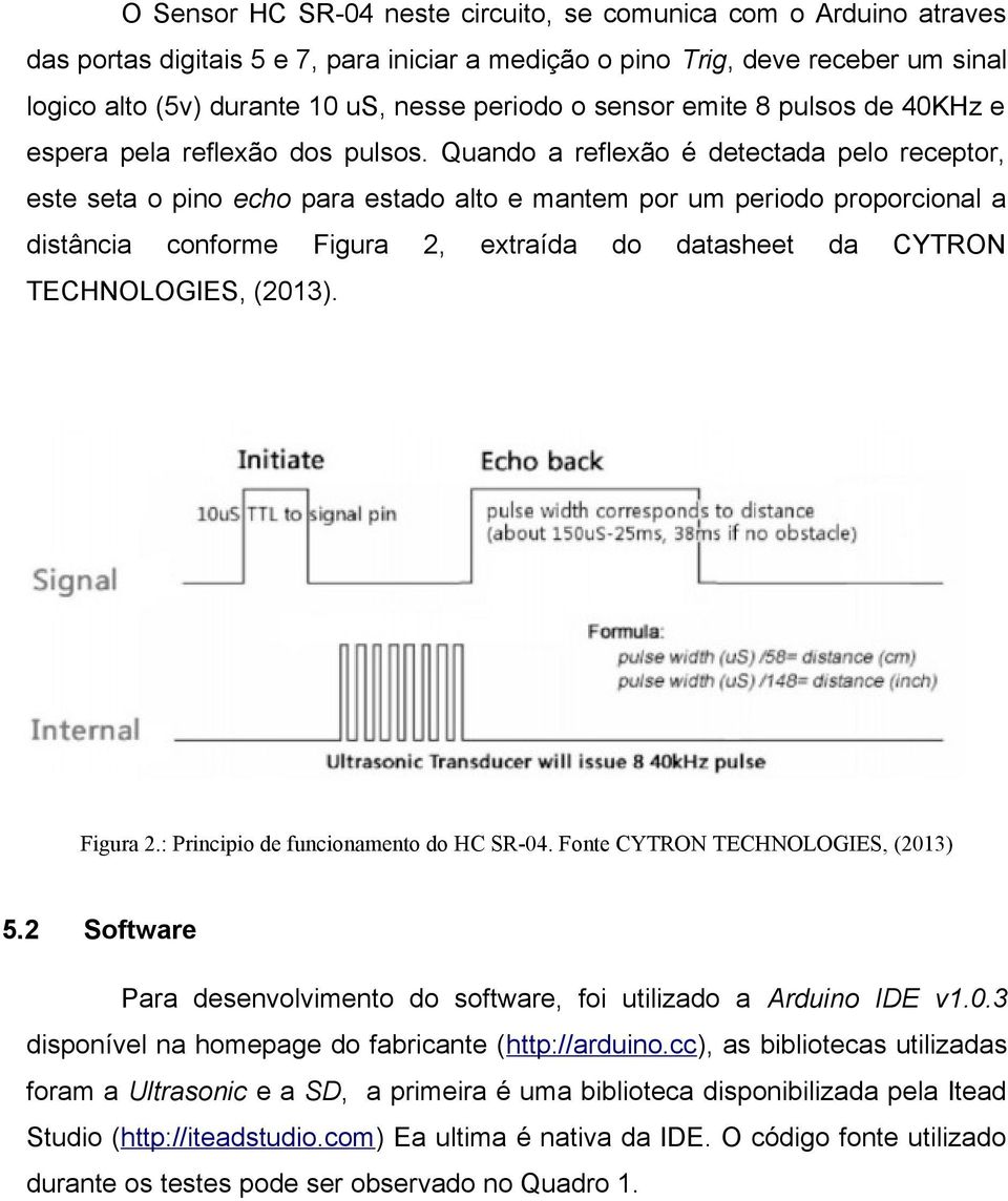 Quando a reflexão é detectada pelo receptor, este seta o pino echo para estado alto e mantem por um periodo proporcional a distância conforme Figura 2, extraída do datasheet da CYTRON TECHNOLOGIES,