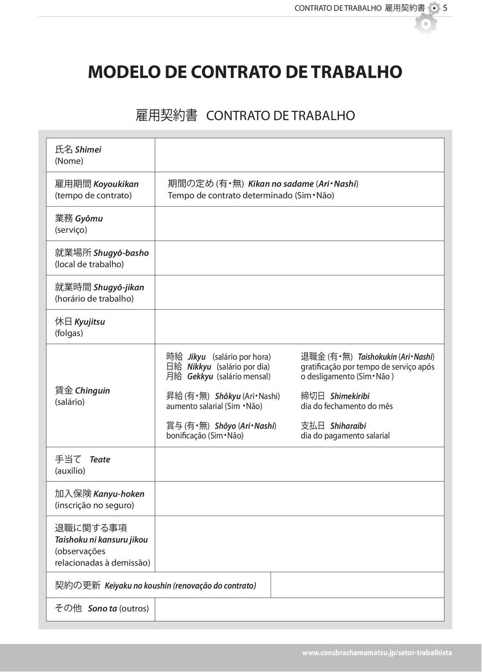 relacionadas à demissão) Jikyu (salário por hora) Nikkyu (salário por dia) Gekkyu (salário mensal) ( ) Shôkyu (Ari Nashi) aumento salarial (Sim Não) ( ) Shôyo (Ari Nashi) bonificação (Sim Não) ( )