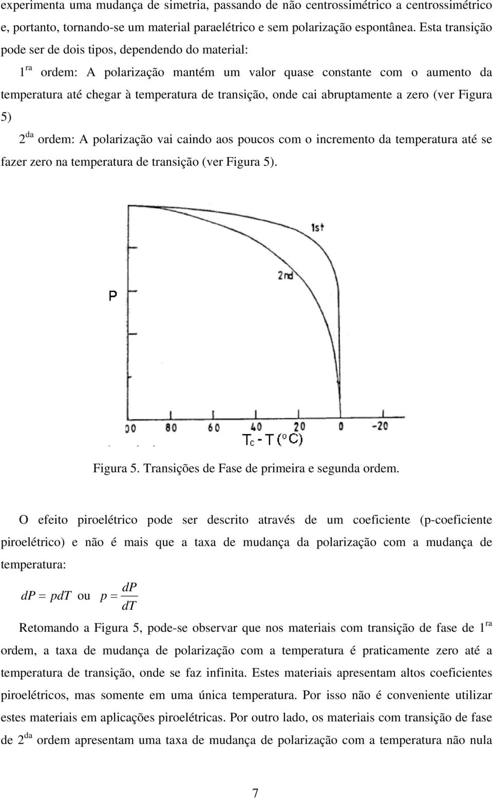 abruptamente a zero (ver Figura 5) da ordem: A polarização vai caindo aos poucos com o incremento da temperatura até se fazer zero na temperatura de transição (ver Figura 5). Figura 5. Transições de Fase de primeira e segunda ordem.