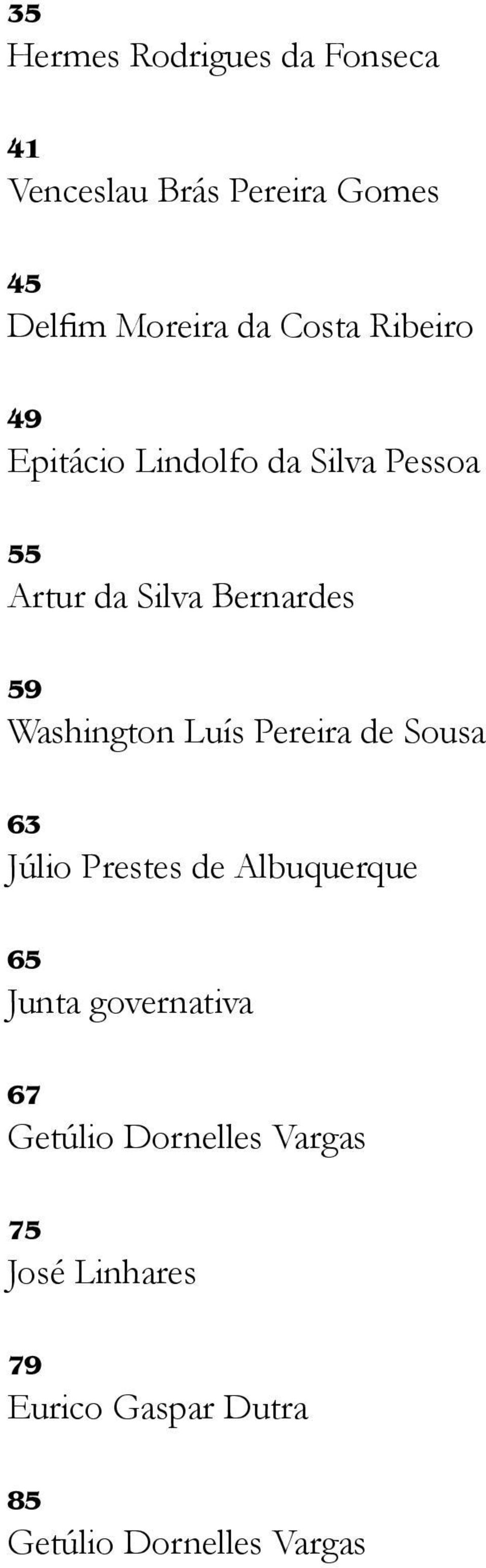 Delfim Moreira da Costa Ribeiro 49 Epitácio Lindolfo da Silva Pessoa 55 Artur da Silva Bernardes