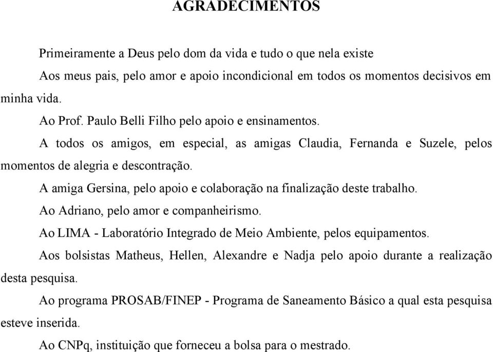 A amiga Gersina, pelo apoio e colaboração na finalização deste trabalho. Ao Adriano, pelo amor e companheirismo. Ao LIMA - Laboratório Integrado de Meio Ambiente, pelos equipamentos.