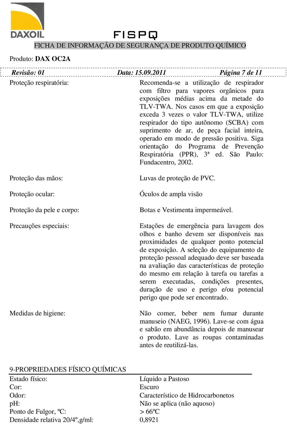 Siga orientação do Programa de Prevenção Respiratória (PPR), 3ª ed. São Paulo: Fundacentro, 2002.