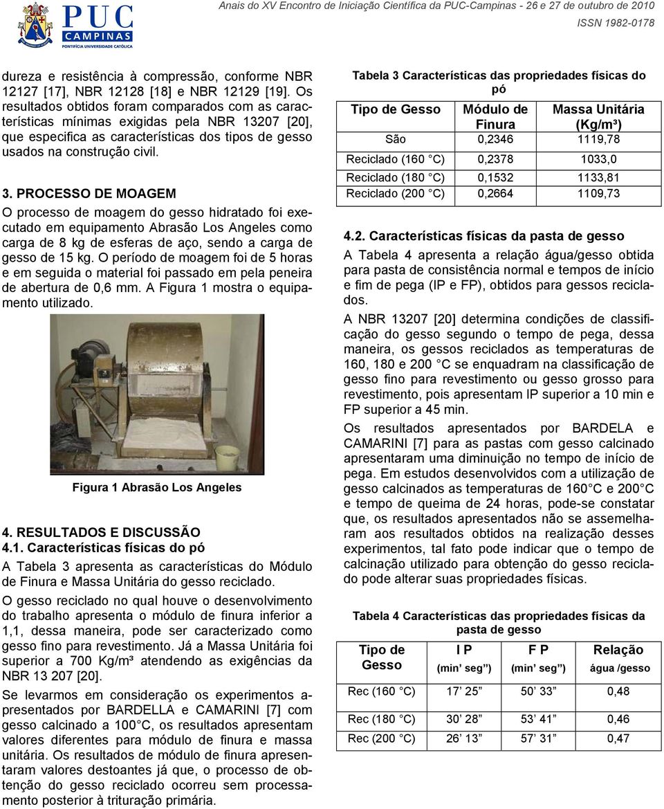 PROCESSO DE MOAGEM O processo de moagem do gesso hidratado foi executado em equipamento Abrasão Los Angeles como carga de 8 kg de esferas de aço, sendo a carga de gesso de 15 kg.