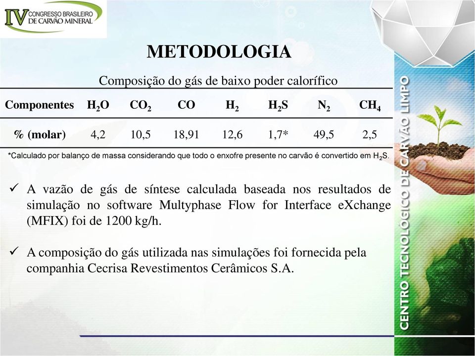 A vazão de gás de síntese calculada baseada nos resultados de simulação no software Multyphase Flow for Interface exchange