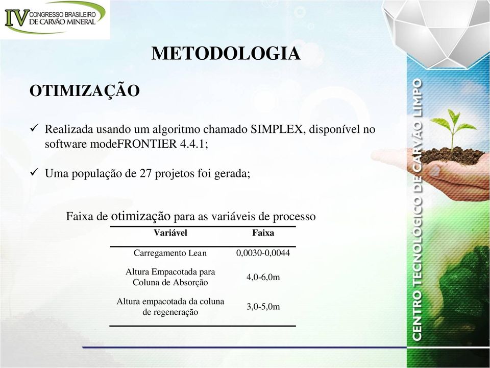 4.1; Uma população de 27 projetos foi gerada; Faixa de otimização para as variáveis de