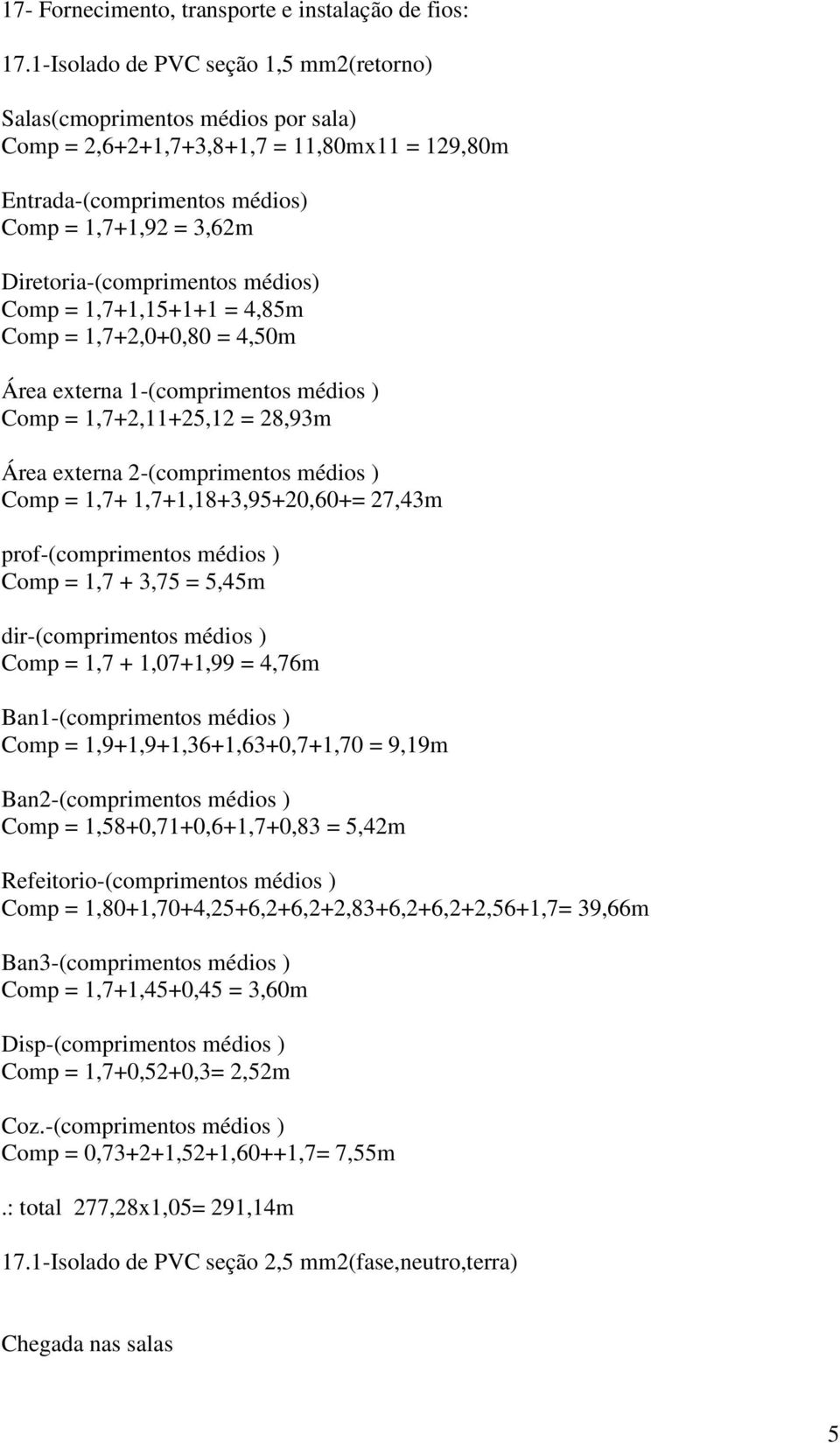 Diretoria-(comprimentos médios) Comp = 1,7+1,15+1+1 = 4,85m Comp = 1,7+2,0+0,80 = 4,50m Área externa 1-(comprimentos médios ) Comp = 1,7+2,11+25,12 = 28,93m Área externa 2-(comprimentos médios ) Comp