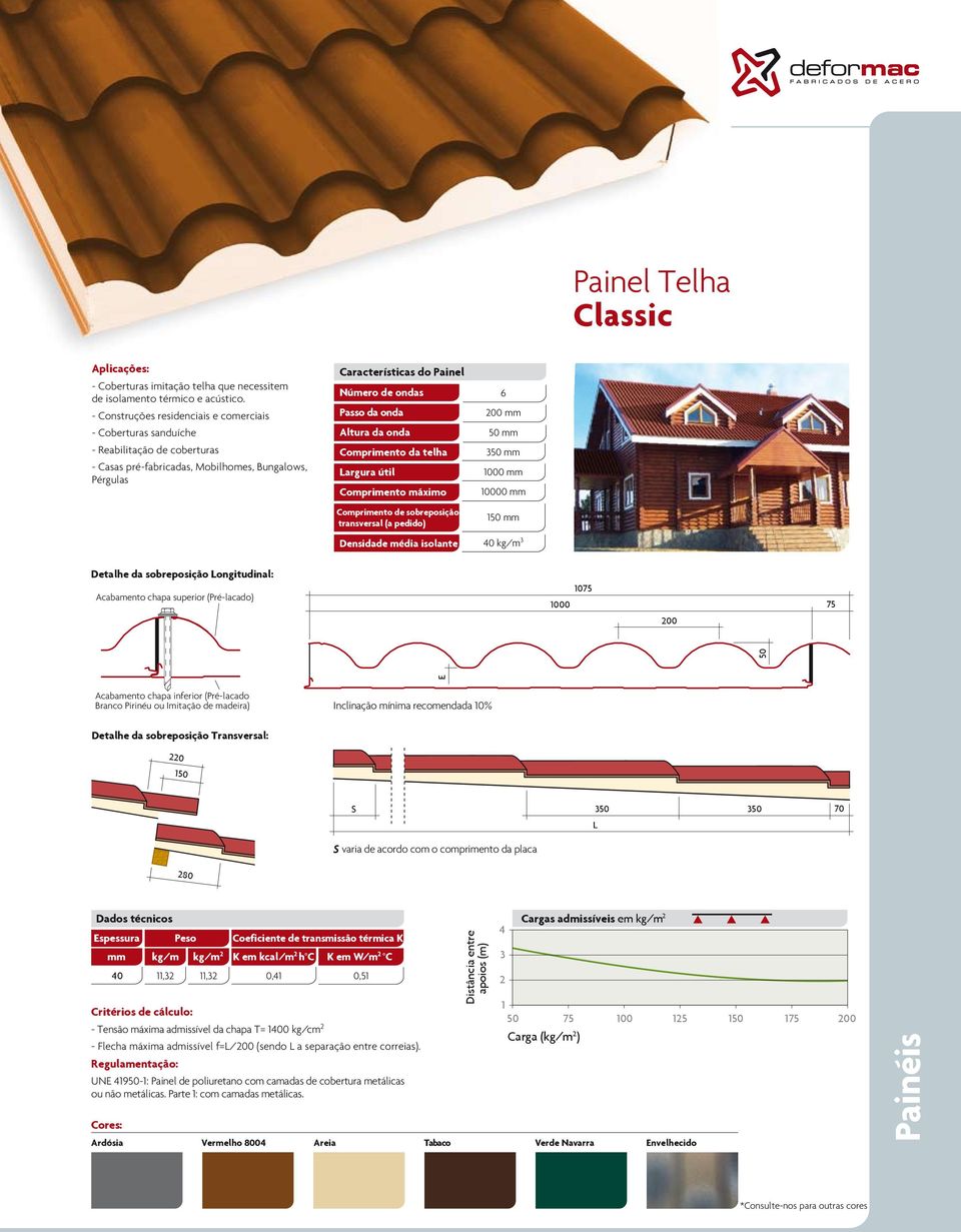 sobreposição transversal (a pedido) 00 mm 0 mm 0 mm 000 mm 0000 mm 0 mm 0 kg/m Detalhe da sobreposição Longitudinal: Acabamento chapa superior (Pré-lacado) 07 000 00 7 0 Acabamento chapa inferior