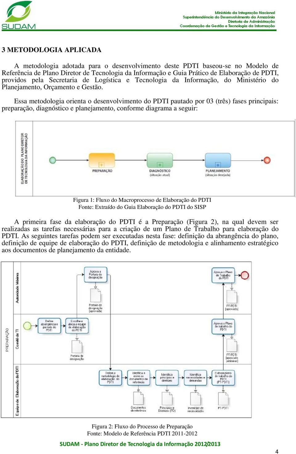 Essa metodologia orienta o desenvolvimento do PDTI pautado por 03 (três) fases principais: preparação, diagnóstico e planejamento, conforme diagrama a seguir: Figura 1: Fluxo do Macroprocesso de