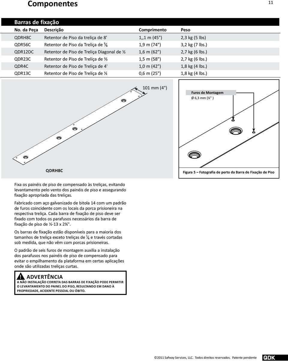 ) QDR12DC Retentor de Piso de Treliça Diagonal de ½ 1,6 m (62") 2,7 kg (6 lbs.) QDR23C Retentor de Piso de Treliça de ⅔ 1,5 m (58") 2,7 kg (6 lbs.