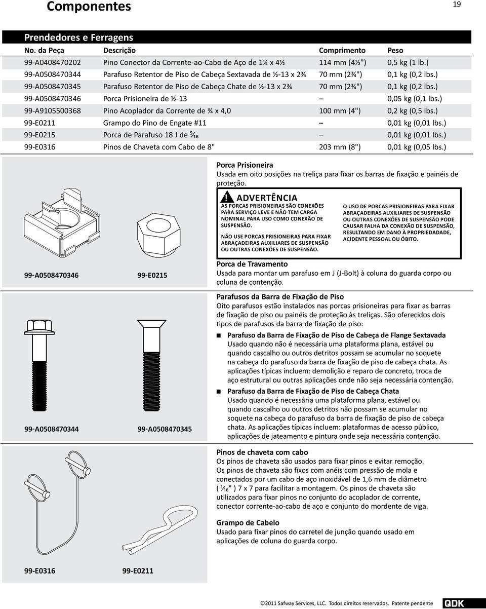 ) 99-A0508470345 Parafuso Retentor de Piso de Cabeça Chate de ½-13 x 2¾ 70 mm (2¾") 0,1 kg (0,2 lbs.) 99-A0508470346 Porca Prisioneira de ½-13 0,05 kg (0,1 lbs.