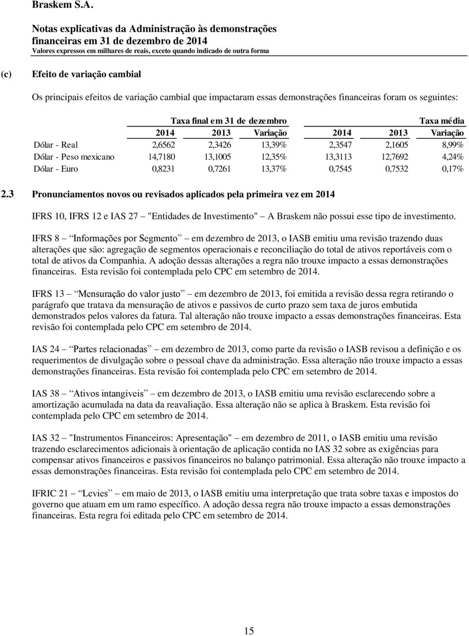 3 Pronunciamentos novos ou revisados aplicados pela primeira vez em 2014 IFRS 10, IFRS 12 e IAS 27 "Entidades de Investimento" A Braskem não possui esse tipo de investimento.