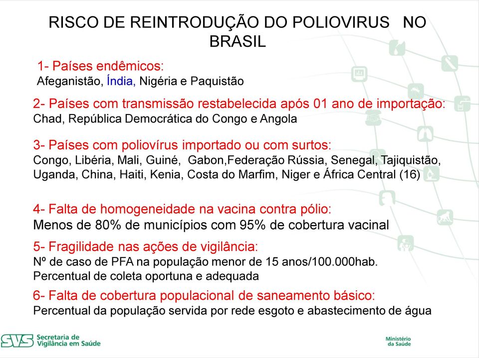 Marfim, Niger e África Central (16) 4- Falta de homogeneidade na vacina contra pólio: Menos de 80% de municípios com 95% de cobertura vacinal 5- Fragilidade nas ações de vigilância: Nº de caso de