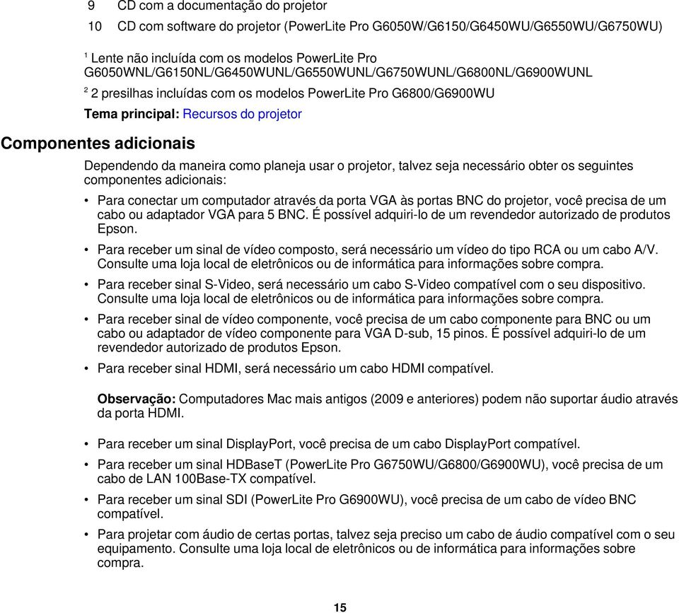 Dependendo da maneira como planeja usar o projetor, talvez seja necessário obter os seguintes componentes adicionais: Para conectar um computador através da porta VGA às portas BNC do projetor, você