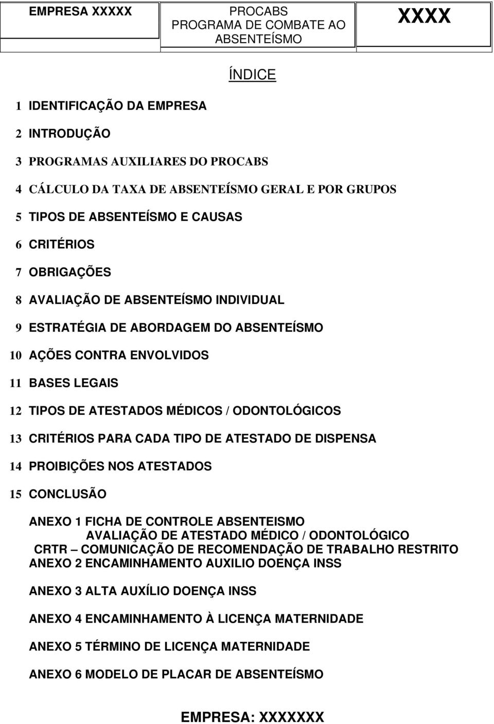 DISPENSA 14 PROIBIÇÕES NOS ATESTADOS 15 CONCLUSÃO ANEXO 1 FICHA DE CONTROLE ABSENTEISMO AVALIAÇÃO DE ATESTADO MÉDICO / ODONTOLÓGICO CRTR COMUNICAÇÃO DE RECOMENDAÇÃO DE TRABALHO