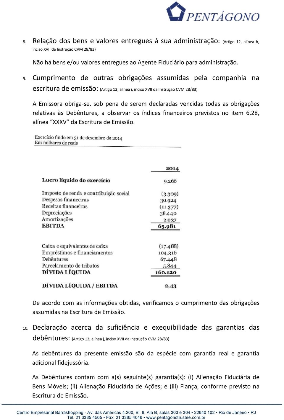 vencidas todas as obrigações relativas às Debêntures, a observar os índices financeiros previstos no item 6.28, alínea XXXV da Escritura de Emissão.