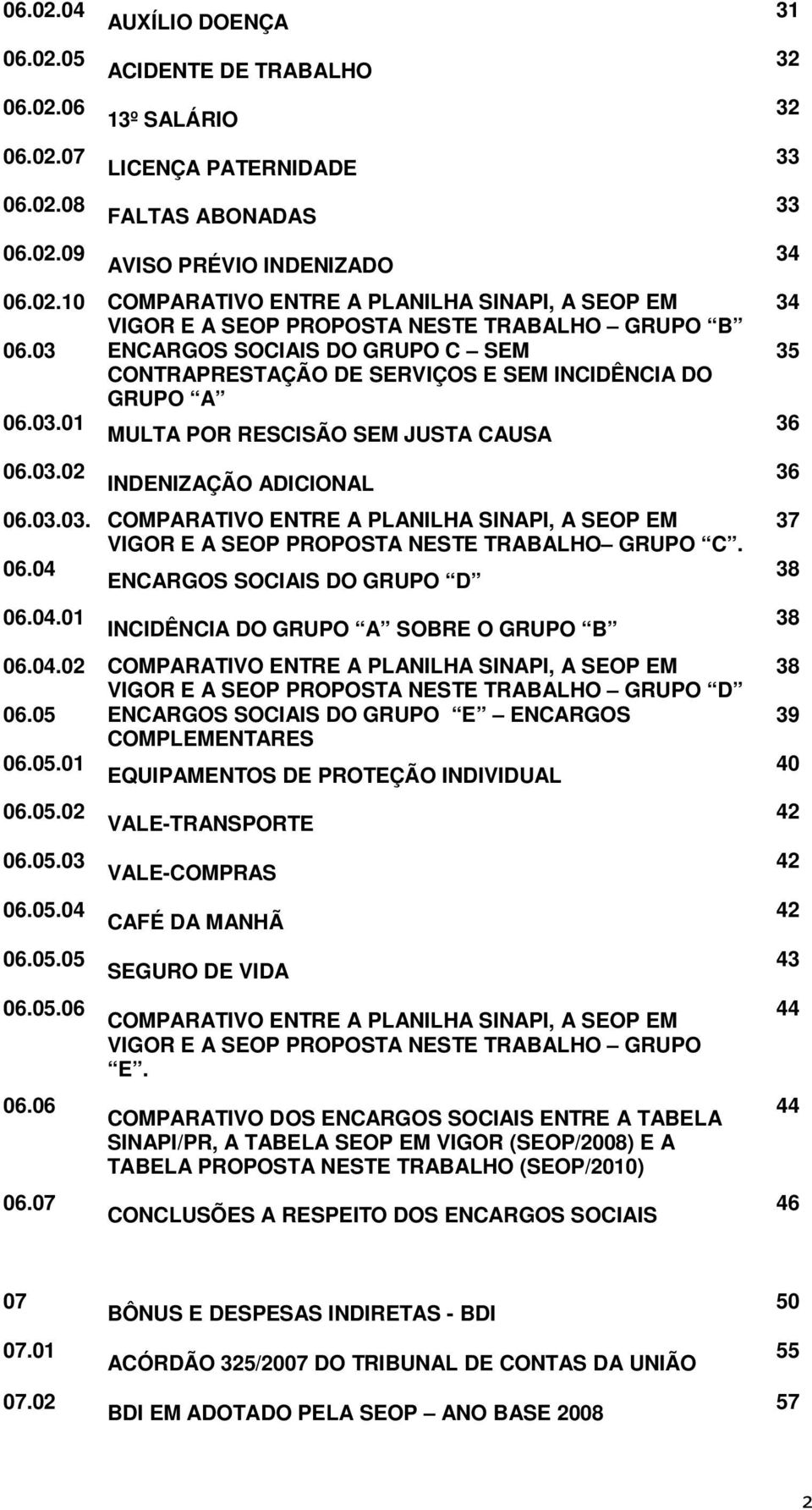 06.04 ENCARGOS SOCIAIS DO GRUPO D 06.04.01 INCIDÊNCIA DO GRUPO A SOBRE O GRUPO B 06.04.02 COMPARATIVO ENTRE A PLANILHA SINAPI, A SEOP EM VIGOR E A SEOP PROPOSTA NESTE TRABALHO GRUPO D 06.