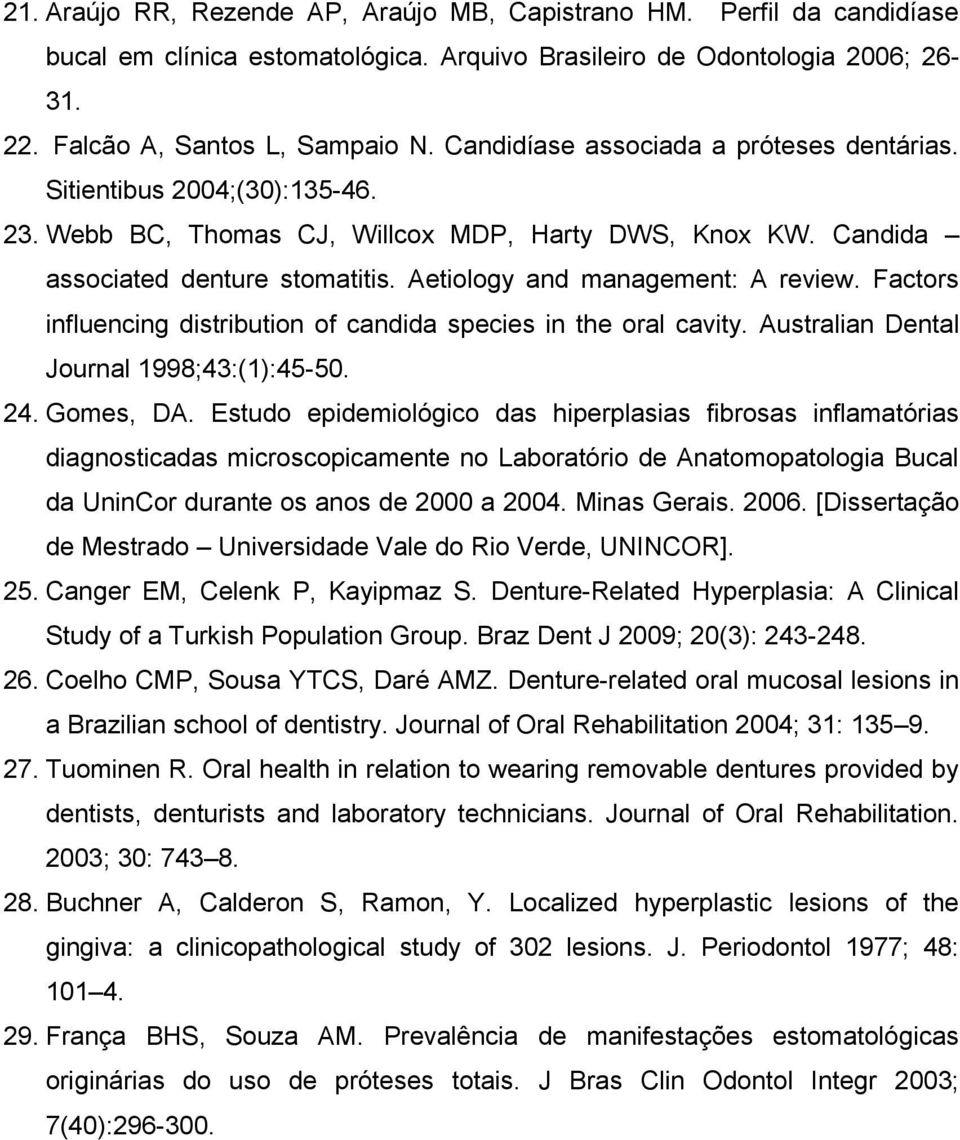 Aetiology and management: A review. Factors influencing distribution of candida species in the oral cavity. Australian Dental Journal 1998;43:(1):45-50. 24. Gomes, DA.