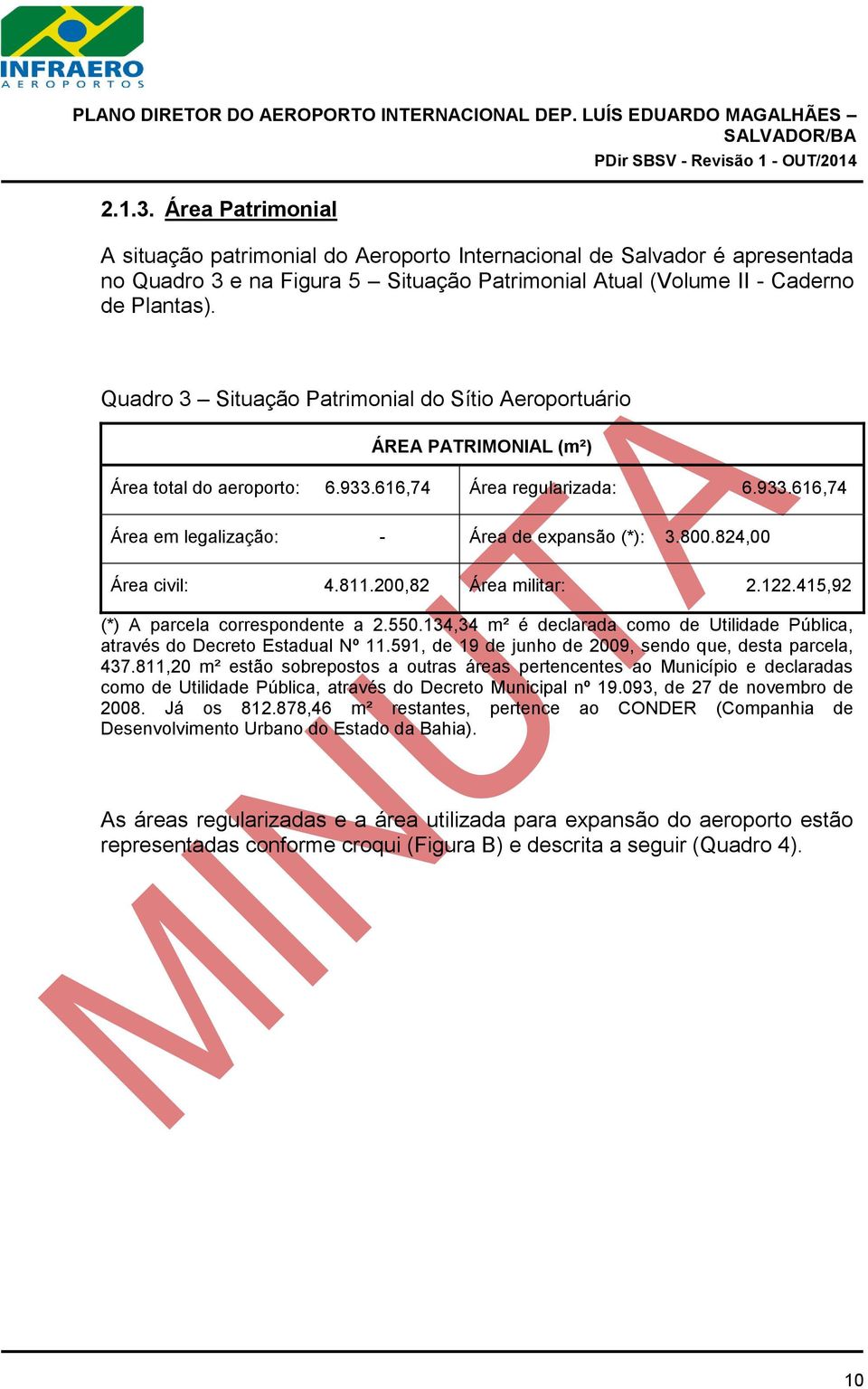 824,00 Área civil: 4.811.200,82 Área militar: 2.122.415,92 (*) A parcela correspondente a 2.550.134,34 m² é declarada como de Utilidade Pública, através do Decreto Estadual Nº 11.