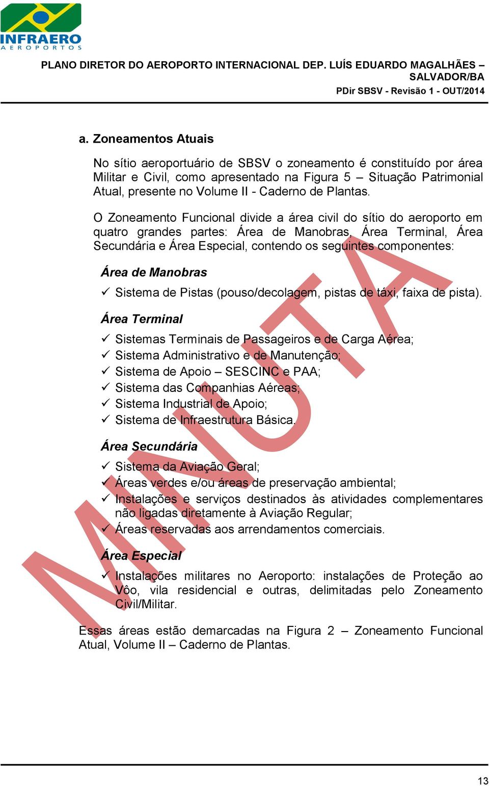 O Zoneamento Funcional divide a área civil do sítio do aeroporto em quatro grandes partes: Área de Manobras, Área Terminal, Área Secundária e Área Especial, contendo os seguintes componentes: Área de