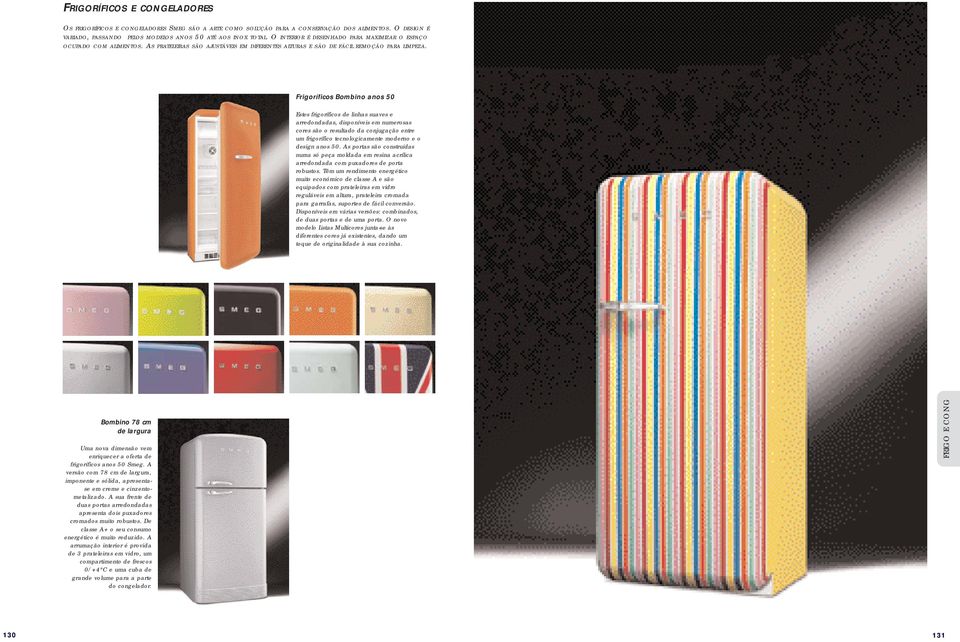 Frigoríficos Bombino anos 50 Estes frigoríficos de linhas suaves e arredondadas, disponíveis em numerosas cores são o resultado da conjugação entre um frigorífico tecnologicamente moderno e o design