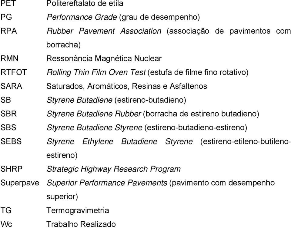 Styrene Butadiene Rubber (borracha de estireno butadieno) SBS Styrene Butadiene Styrene (estireno-butadieno-estireno) SEBS Styrene Ethylene Butadiene Styrene