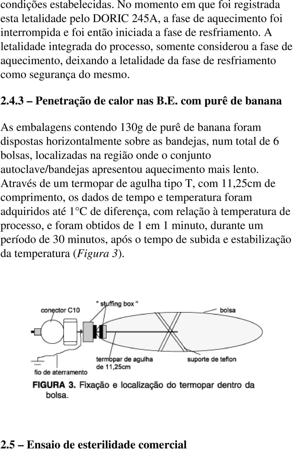 com purê de banana As embalagens contendo 130g de purê de banana foram dispostas horizontalmente sobre as bandejas, num total de 6 bolsas, localizadas na região onde o conjunto autoclave/bandejas