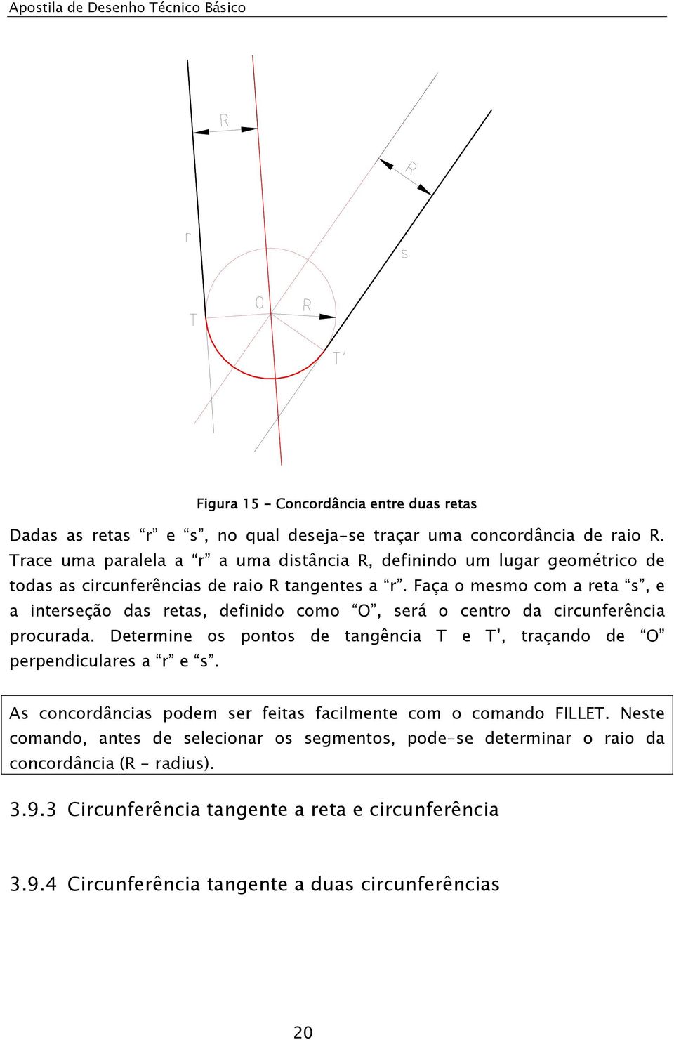 Faça o mesmo com a reta s, e a interseção das retas, definido como O, será o centro da circunferência procurada.