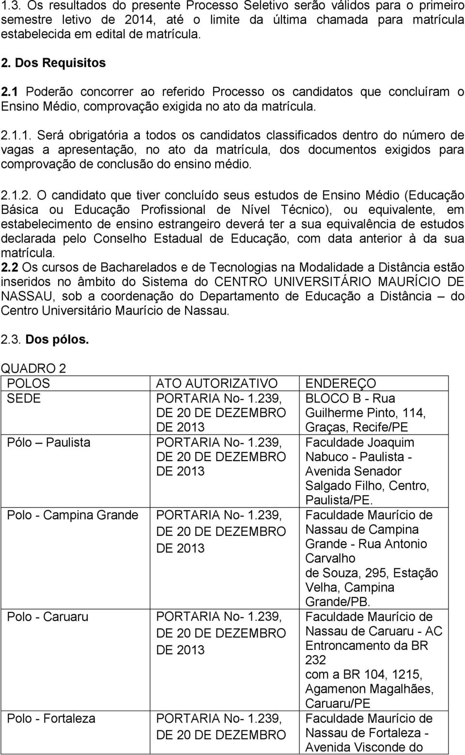 2.1.2. O candidato que tiver concluído seus estudos de Ensino Médio (Educação Básica ou Educação Profissional de Nível Técnico), ou equivalente, em estabelecimento de ensino estrangeiro deverá ter a