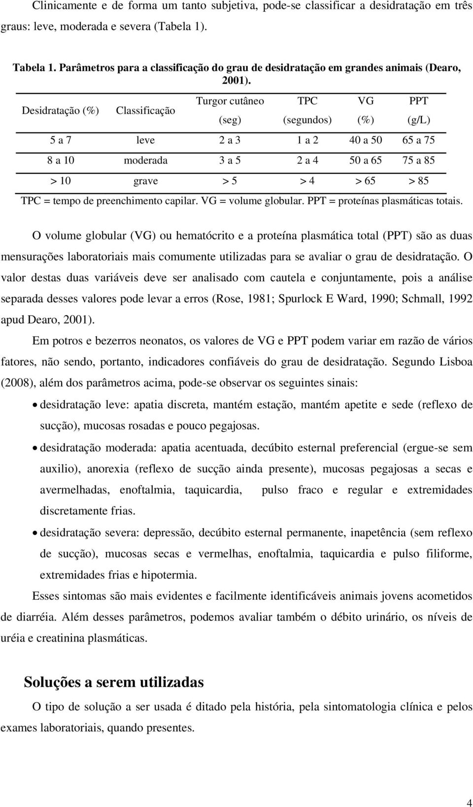 Desidratação (%) Classificação Turgor cutâneo (seg) TPC (segundos) VG (%) PPT (g/l) 5 a 7 leve 2 a 3 1 a 2 40 a 50 65 a 75 8 a 10 moderada 3 a 5 2 a 4 50 a 65 75 a 85 > 10 grave > 5 > 4 > 65 > 85 TPC