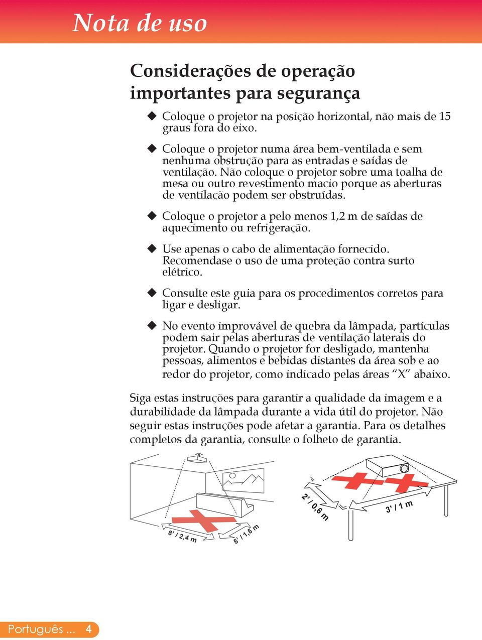 Não coloque o projetor sobre uma toalha de mesa ou outro revestimento macio porque as aberturas de ventilação podem ser obstruídas.