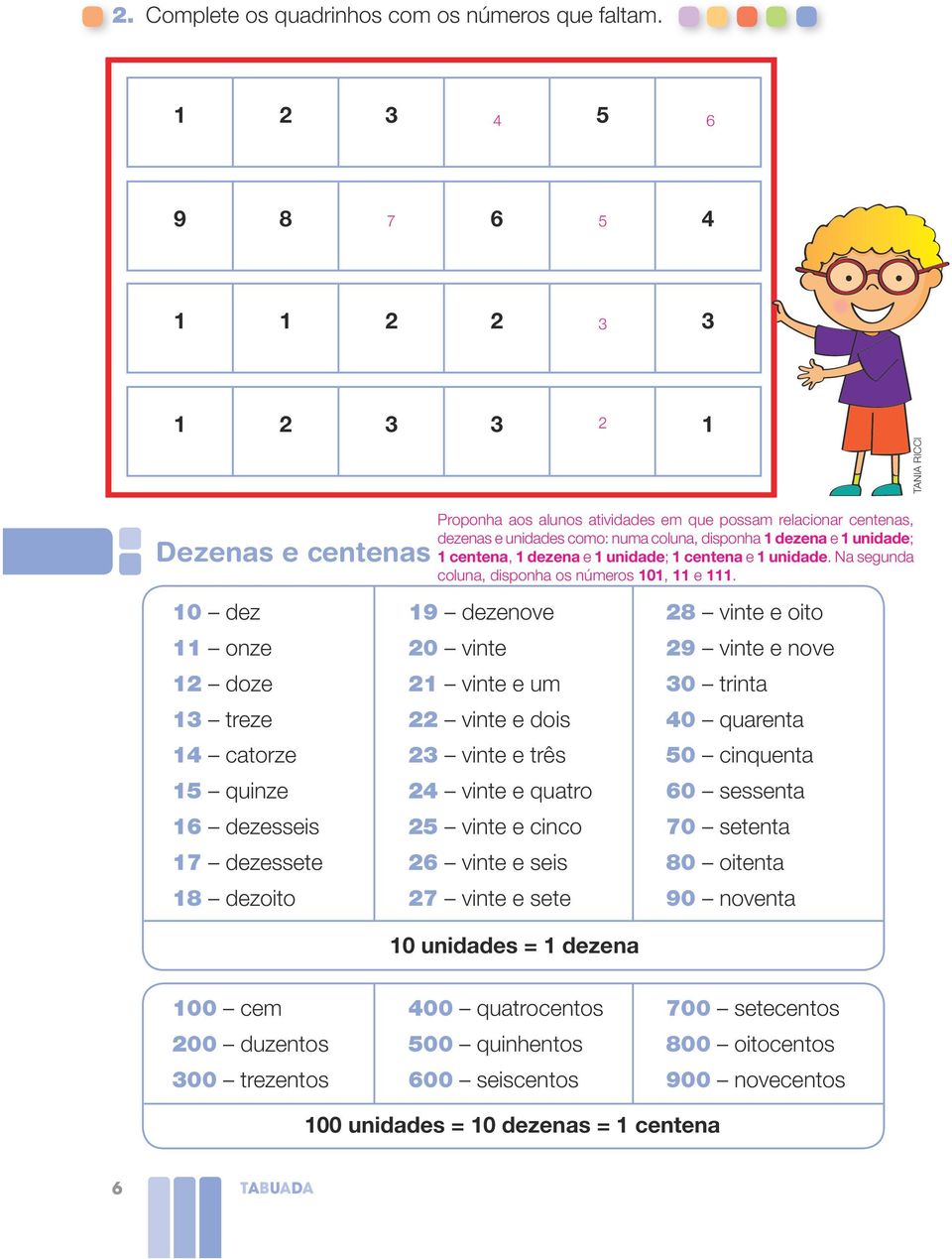 dezenas e unidades como: numa coluna, disponha 1 dezena e 1 unidade; 1 centena, 1 dezena e 1 unidade; 1 centena e 1 unidade. Na segunda coluna, disponha os números 1, e 1.