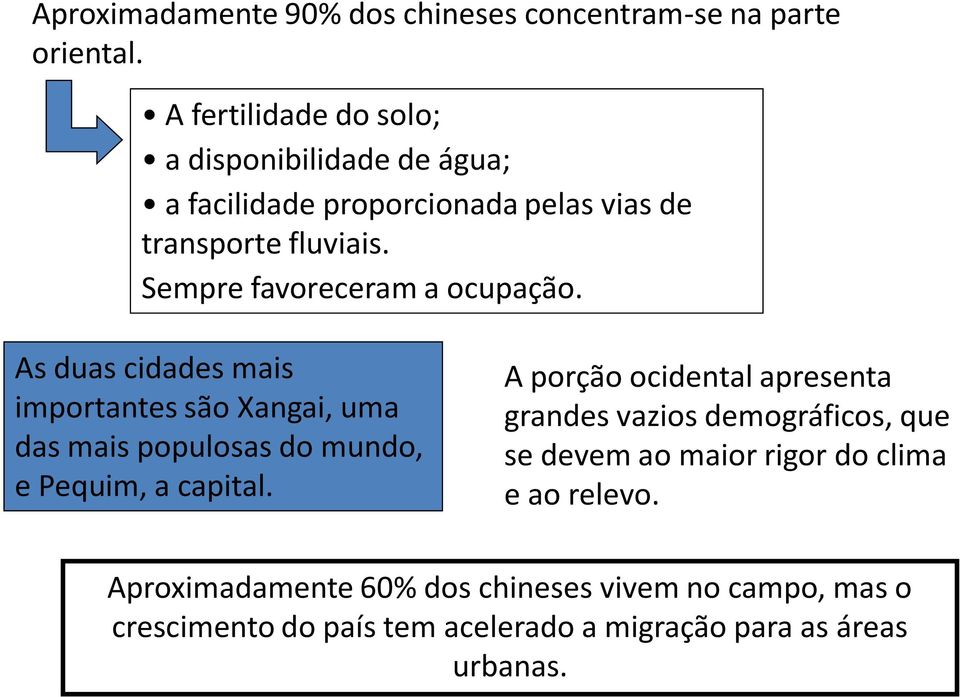 Sempre favoreceram a ocupação. As duas cidades mais importantes são Xangai, uma das mais populosas do mundo, e Pequim, a capital.